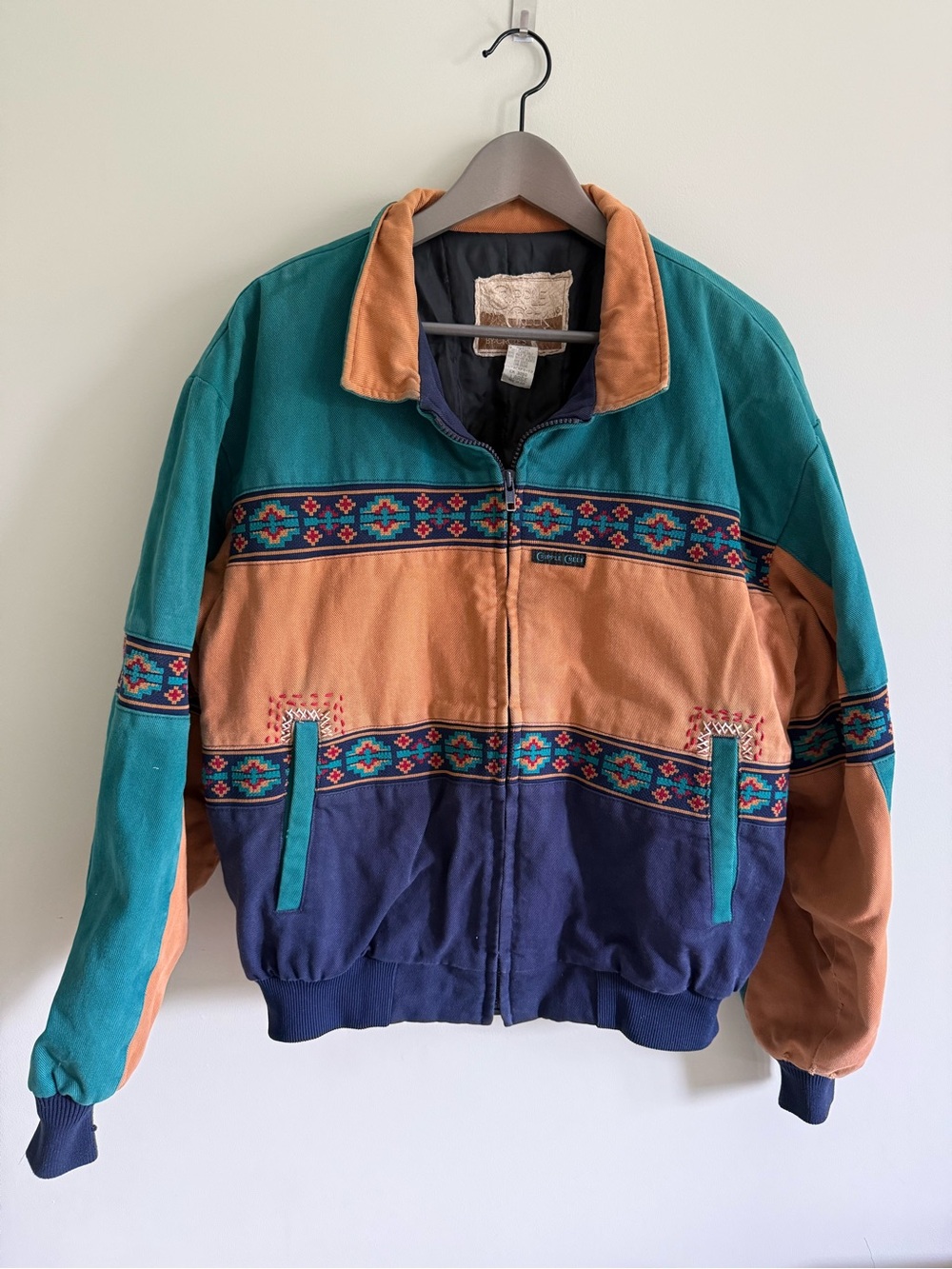 VINTAGE Cripple Creek by Circles Aztec trim canvas bomber jacket retro 90’s
